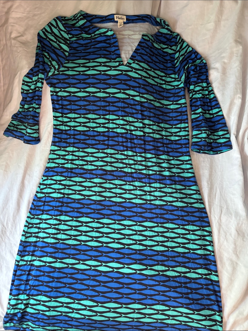 Hatley Fish Print Dress Blue Turquoise 3/4 Sleeve M/L